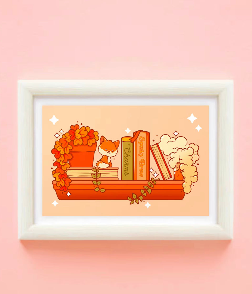 Autumn Bookshelf Cute Wall Art Print