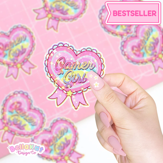 Kawaii Pink and Rainbow Gamer Girl Ribbon Sticker