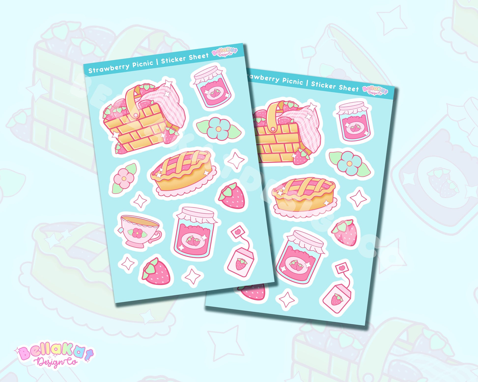 Kawaii Strawberry Picnic Sticker Sheet | Cute Cottagecore Stickers, Spring Strawberry Stickers